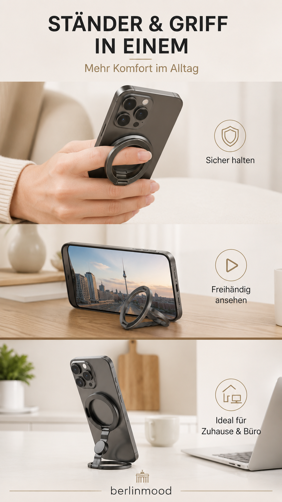 Support magnétique pour téléphone portable avec anneau, pivotant à 360°