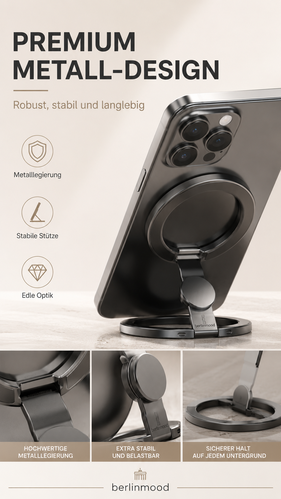 Support magnétique pour téléphone portable avec anneau, pivotant à 360°