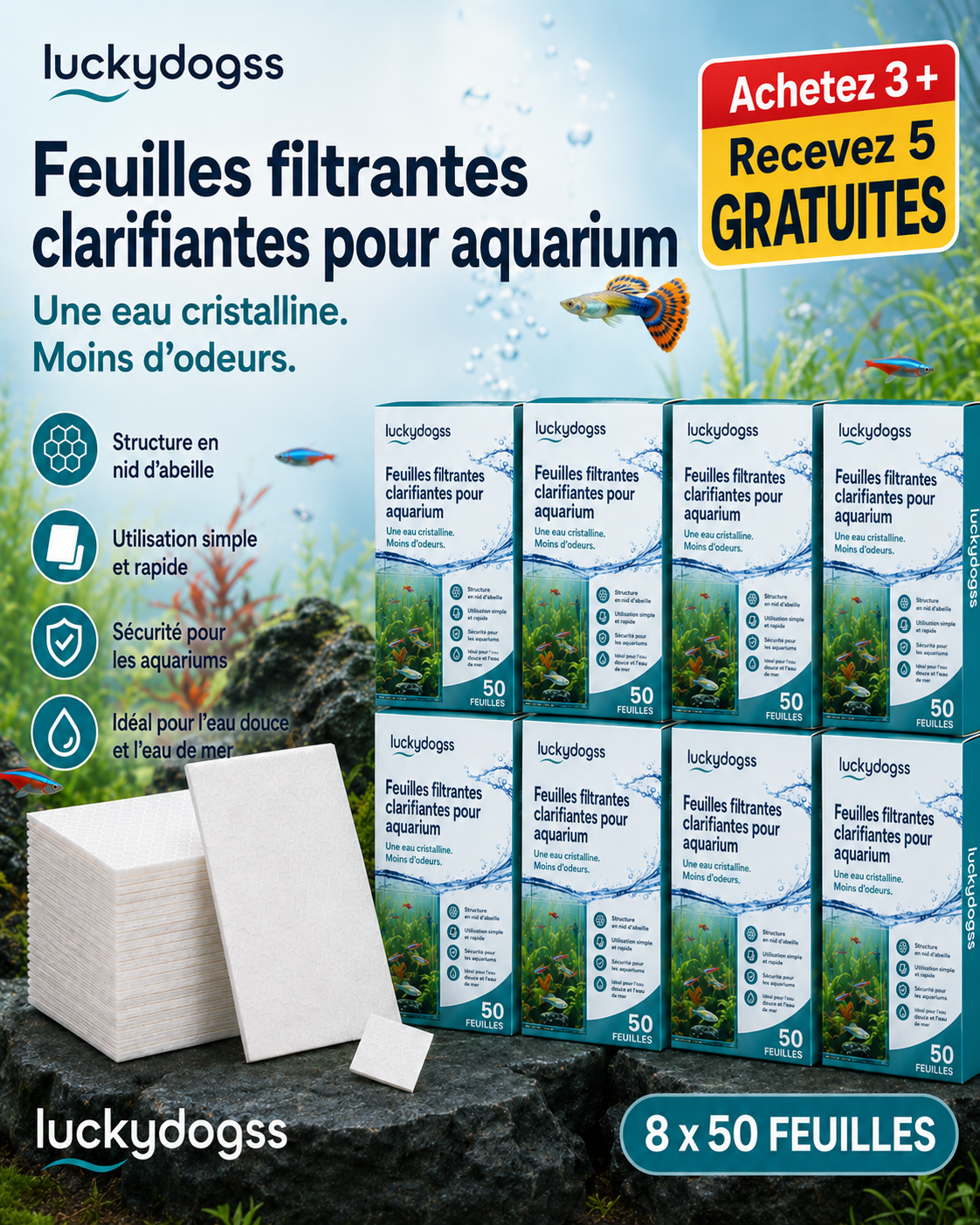 🐠 1 acheté, 1 offert ! ✨ FEUILLES CLARIFIANTES POUR AQUARIUM - Une eau cristalline en 24 heures, élimine les odeurs et les impuretés, sans danger pour tous les poissons et toutes les plantes 🌿🔮