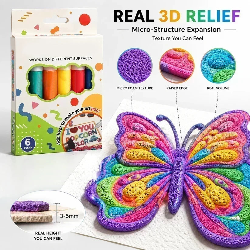 🎨✨ PROMO FLASH : 50% DE RÉDUCTION ! Stylos Magiques Popcorn 3D – Encre Thermique Gonflante, 6 Couleurs Vives, DIY Créatif pour Dessins en Relief Spectaculaires ✨