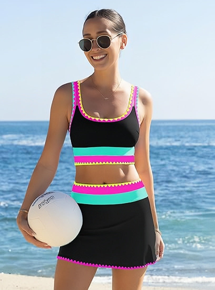 🏖️Offre spéciale 50 % de réduction🌼Ensemble de bikini sportif 3 pièces en nylon patchwork color block - Maillot de bain taille haute et contrôle du ventre👙🌈