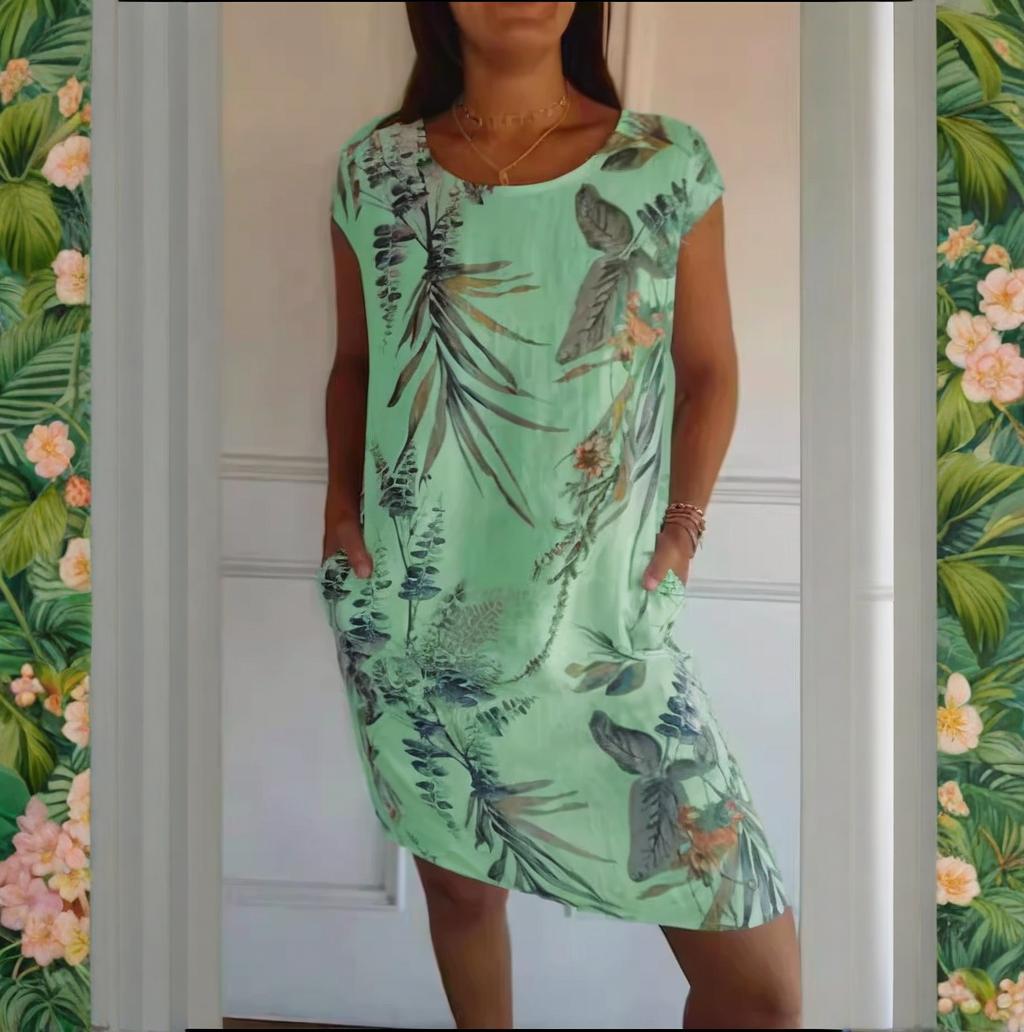 📢📢50 % de réduction !! ⏰⏰🍀 Robe à Col Rond à Imprimé Botanique – Vente de Printemps – Tissu Léger, Motif Naturel & Coupe Décontractée 🌸
