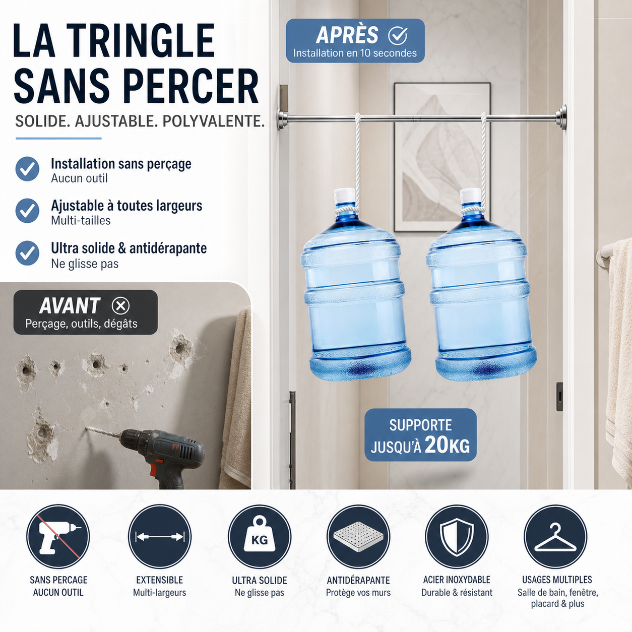 🛏️ 50% DE RÉDUCTION! 🚿 Tringle extensible sans trou – Réglable, montage rapide & sans outil – Idéale pour salle de bain, fenêtres et rideaux ✨