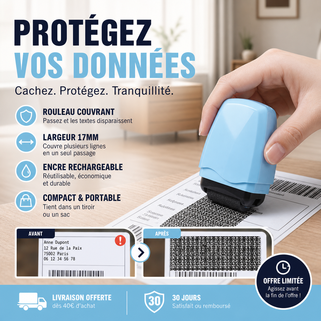 🔒 50% DE RÉDUCTION! 🛡️ Tampon rouleau de protection des données – Brouilleur efficace, encre à séchage rapide – Protégez vos infos personnelles en un geste ✉️