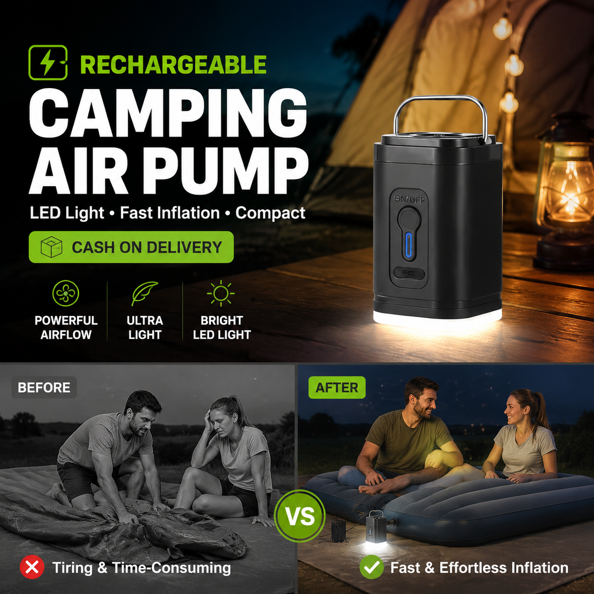 🏕️ Pompe à air rechargeable pour le camping – Éclairage LED, gonflage rapide, compacte 🔋