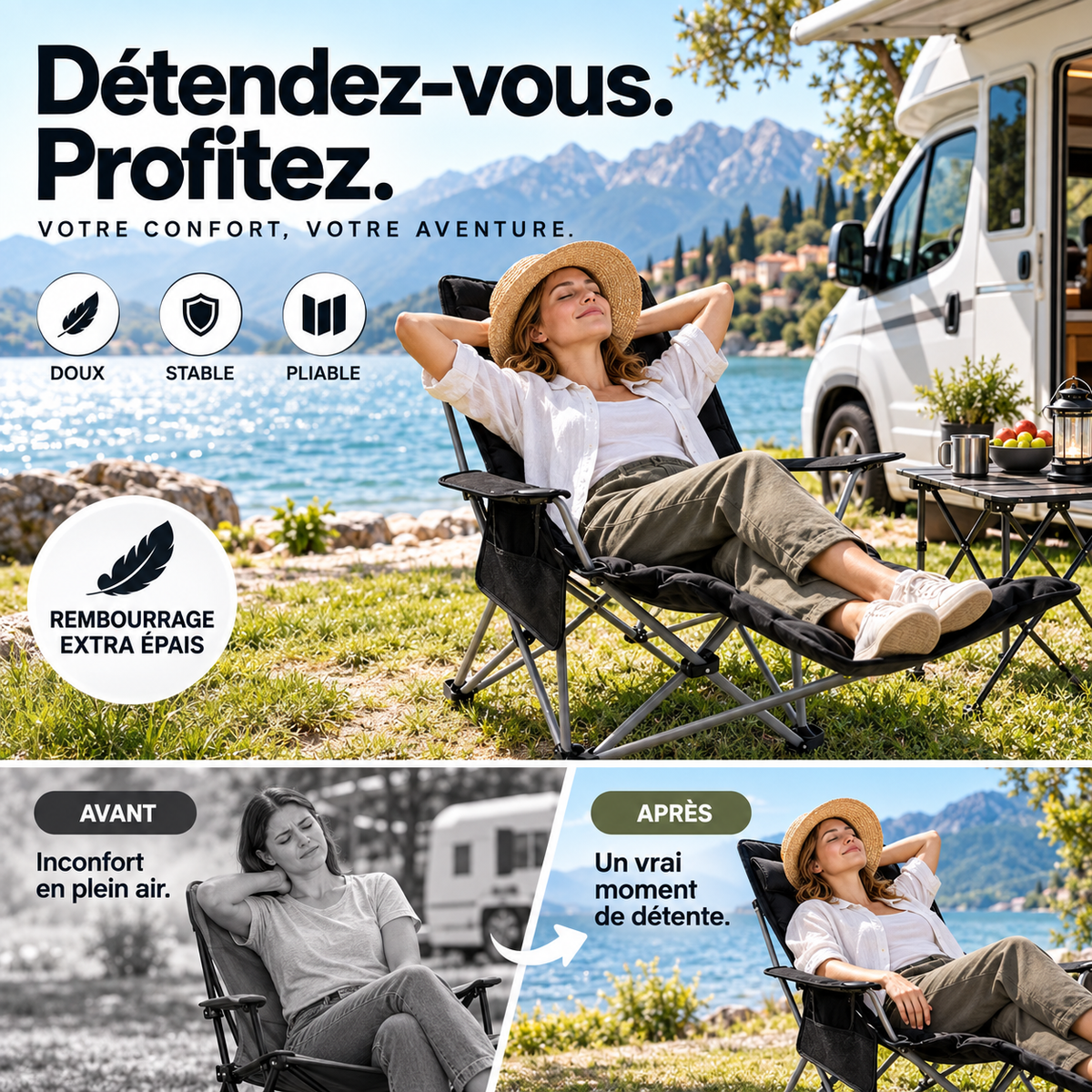 🔥 50% DE RÉDUCTION ! 🪑 Fauteuil inclinable pliable à 4 positions + repose-jambes