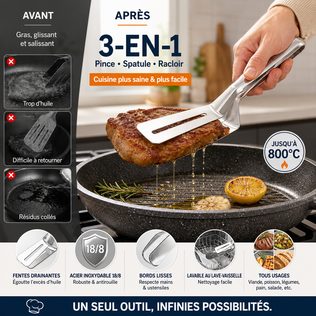 🍳🔥 Pinces de cuisine 3‑en‑1 acier inoxydable, multifonction pour steak, barbecue et cuisson