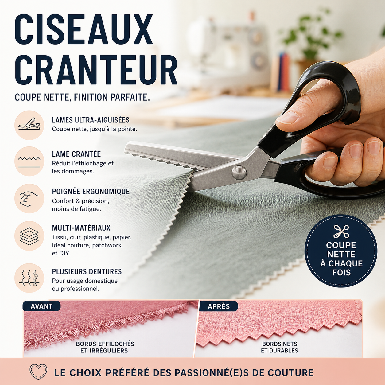 ✂️🧵 Ciseaux à bord zig-zag en acier inoxydable – Poignée ergonomique, anti-effilochage, coupez tissu, papier et cuir avec une finition propre, le couteau suisse des loisirs créatifs 🌸🎨