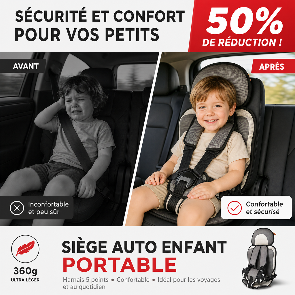 🚗 50% DE RÉDUCTION! 🧒 Siège Auto Portable pour Enfant – Léger (360 g), harnais 5 points & confort – Idéal pour les voyages et le quotidien ✨