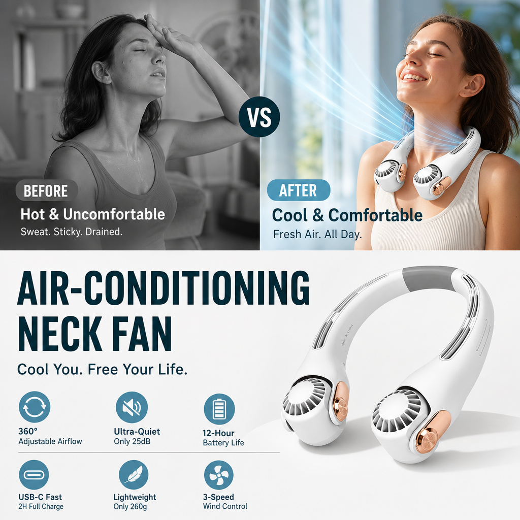 🍃 Ventilateur de cou – Ultra-silencieux, rotation à 360°, 3 vitesses. Rafraîchissement mains libres, longue autonomie. Indispensable en été !