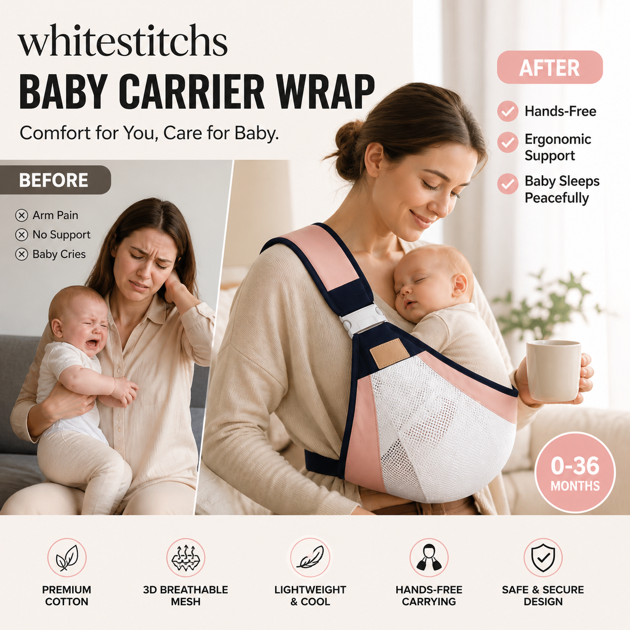 👶 50% DE RÉDUCTION! 🧸 Porte-bébé léger – Respirant, ajustable & confortable – Idéal pour les balades et les câlins en toute sécurité 🌿
