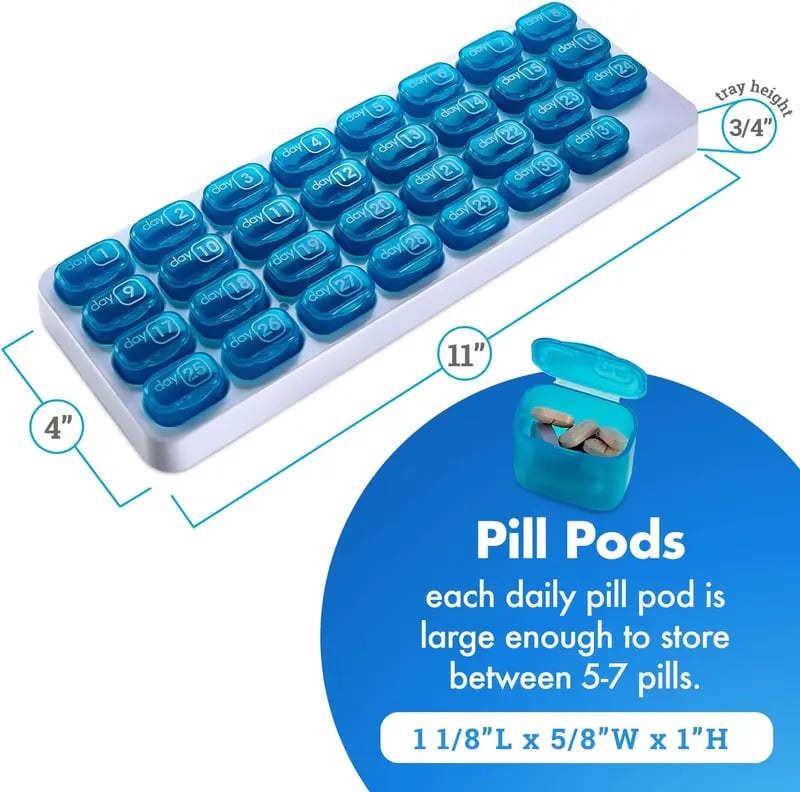 💊 Pilulier mensuel avec couvercle - Couvercles faciles à ouvrir, adaptés aux personnes souffrant d'arthrite - 31 compartiments journaliers amovibles - Indicateur de date - Étui de voyage pour vitamines et médicaments