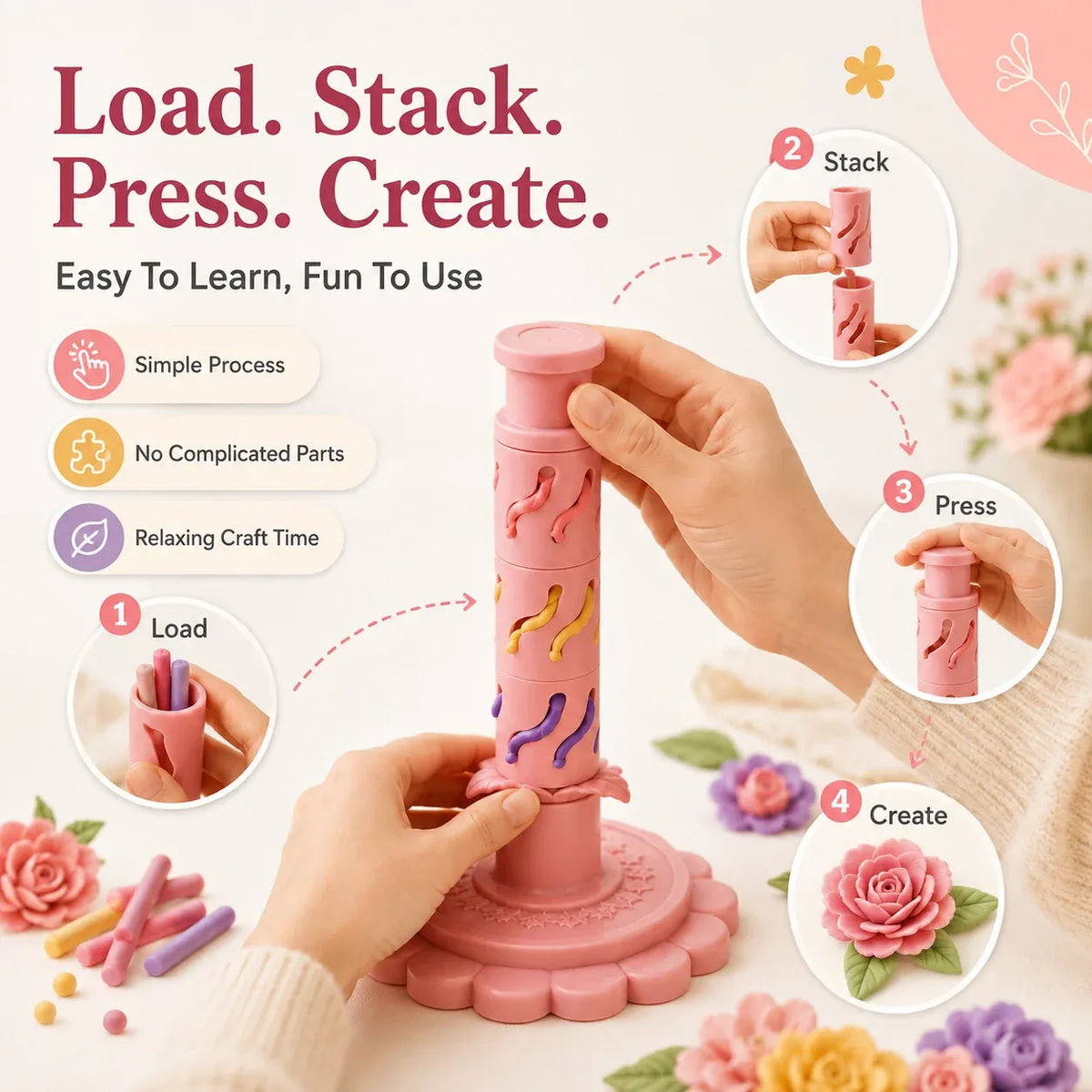 🔥‑50% Réduction ! Kit création fleurs pâte à modeler 🌸 Pour débutants, outil 3D réutilisable, 24 couleurs incluses ✨