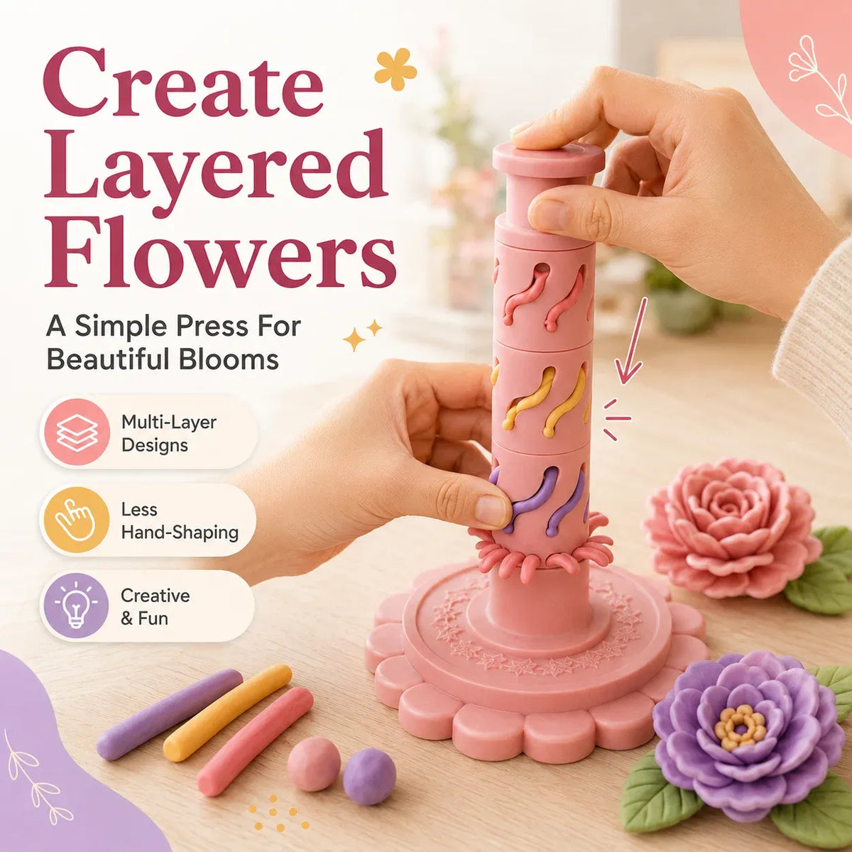 🔥‑50% Réduction ! Kit création fleurs pâte à modeler 🌸 Pour débutants, outil 3D réutilisable, 24 couleurs incluses ✨