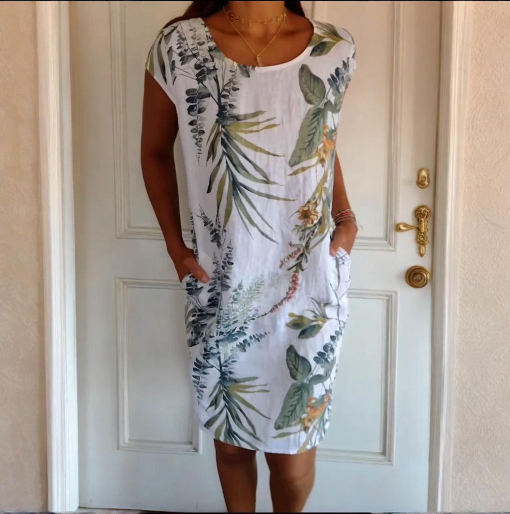 📢📢50 % de réduction !! ⏰⏰🍀 Robe à Col Rond à Imprimé Botanique – Vente de Printemps – Tissu Léger, Motif Naturel & Coupe Décontractée 🌸