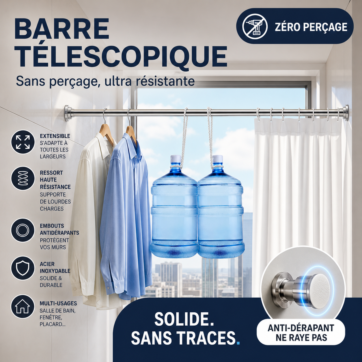 🛏️ 50% DE RÉDUCTION! 🚿 Tringle extensible sans trou – Réglable, montage rapide & sans outil – Idéale pour salle de bain, fenêtres et rideaux ✨