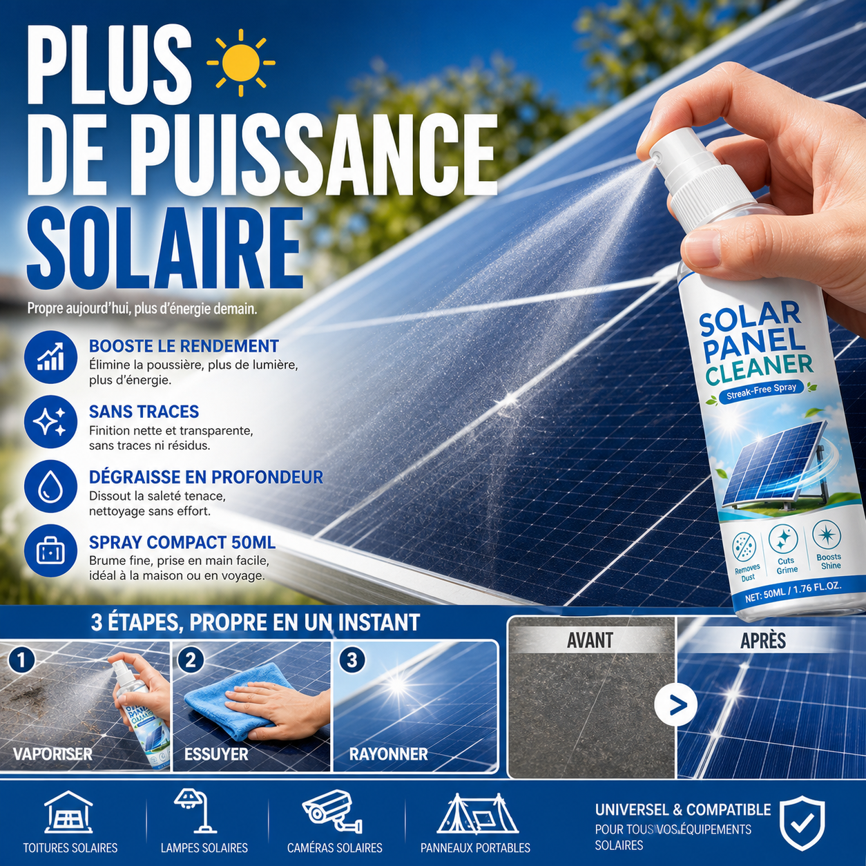 Spray nettoyant haut de gamme pour panneaux solaire
