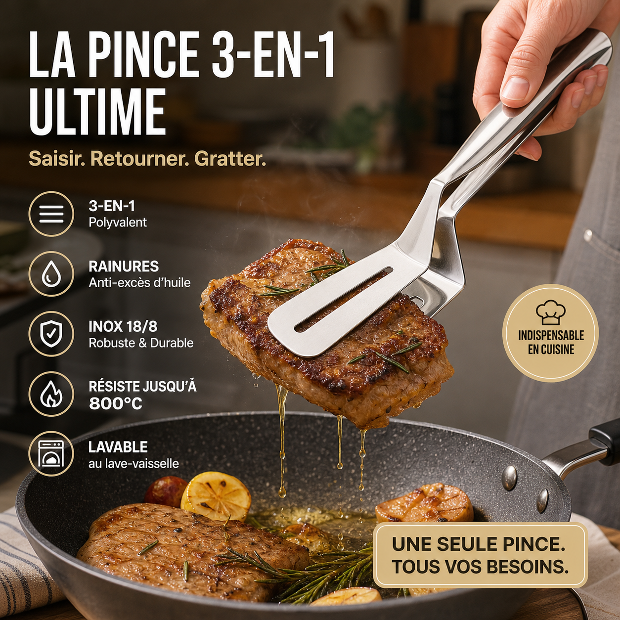 🍳🔥 Pinces de cuisine 3‑en‑1 acier inoxydable, multifonction pour steak, barbecue et cuisson