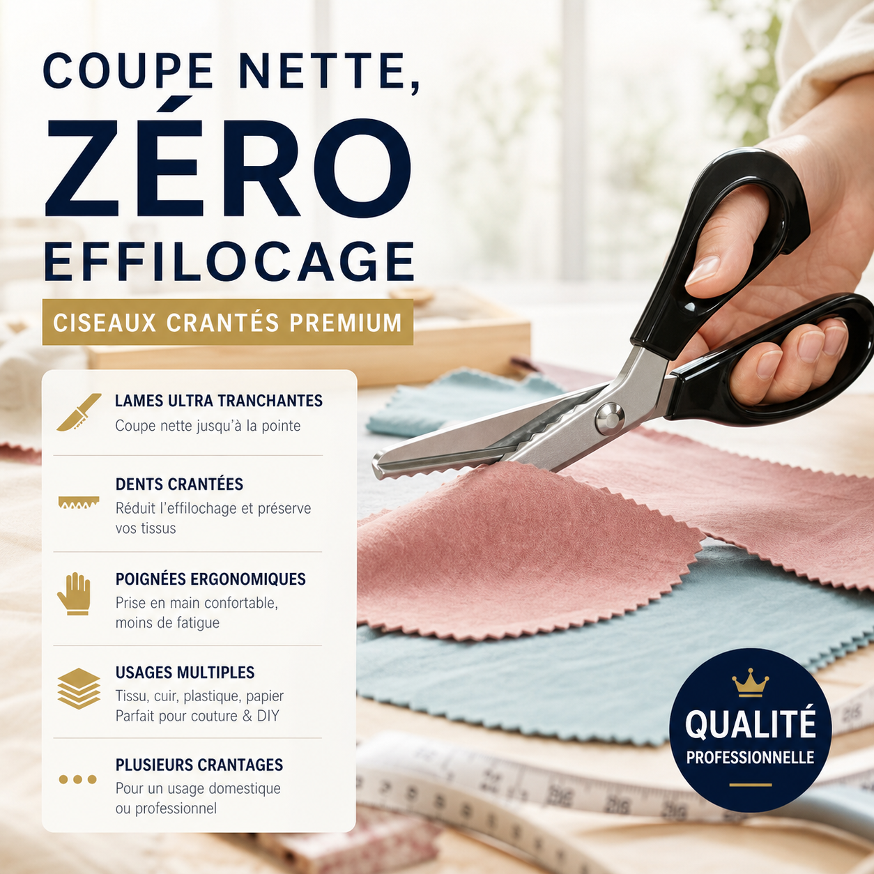 ✂️🧵 Ciseaux à bord zig-zag en acier inoxydable – Poignée ergonomique, anti-effilochage, coupez tissu, papier et cuir avec une finition propre, le couteau suisse des loisirs créatifs 🌸🎨