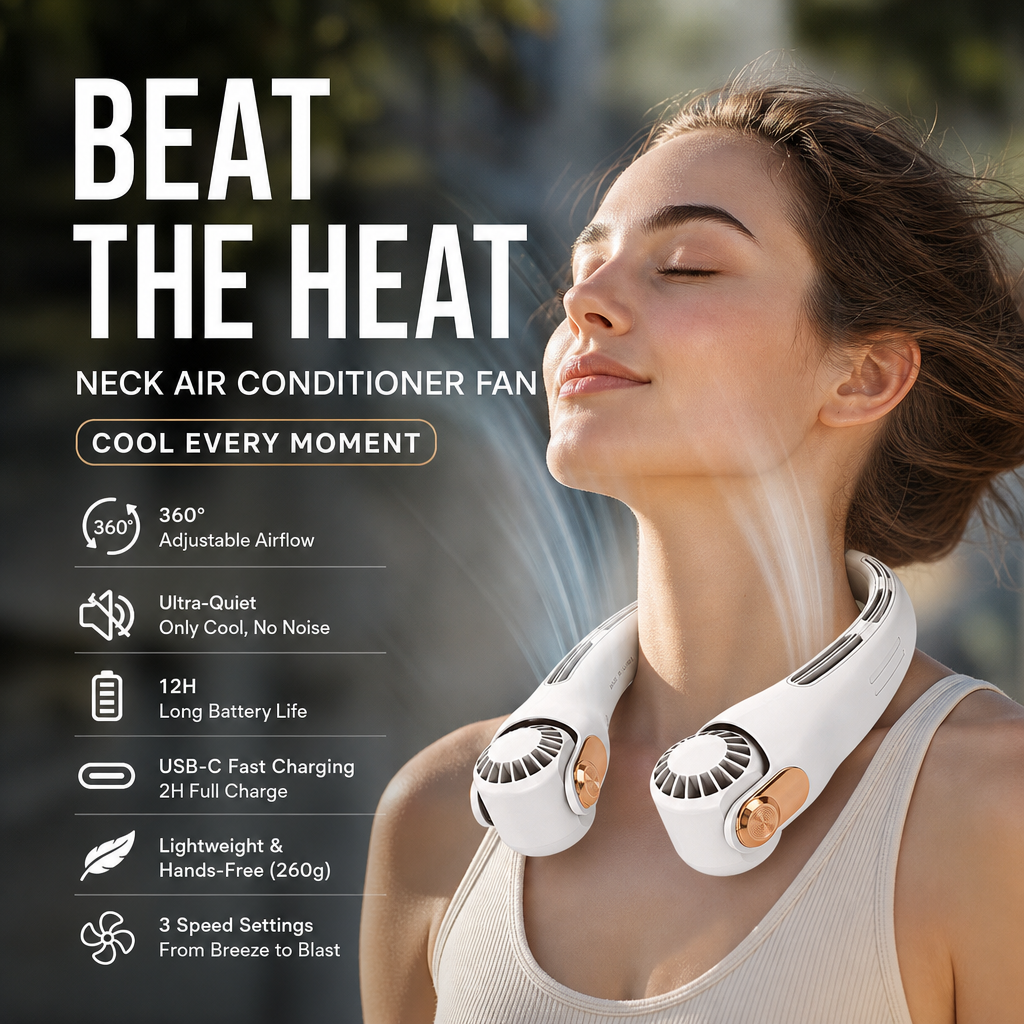 🍃 Ventilateur de cou – Ultra-silencieux, rotation à 360°, 3 vitesses. Rafraîchissement mains libres, longue autonomie. Indispensable en été !