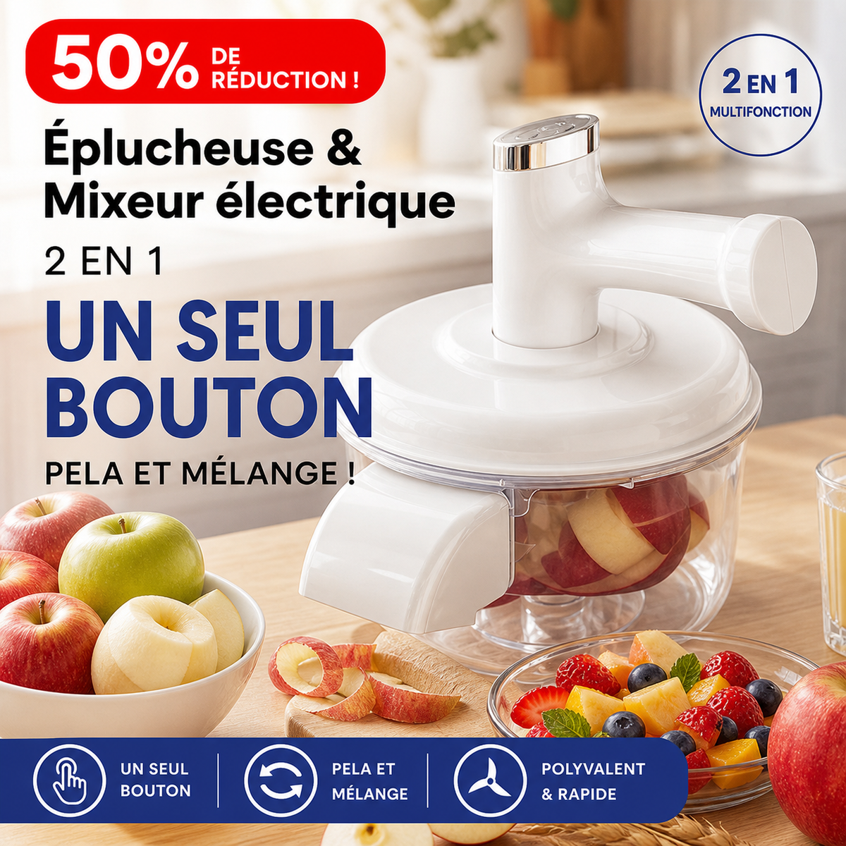 🍎50% DE RÉDUCTION ! Éplucheur et mixeur électrique de fruits et légumes - Épluchage automatique en un seul bouton, design 2-en-1 multifonction