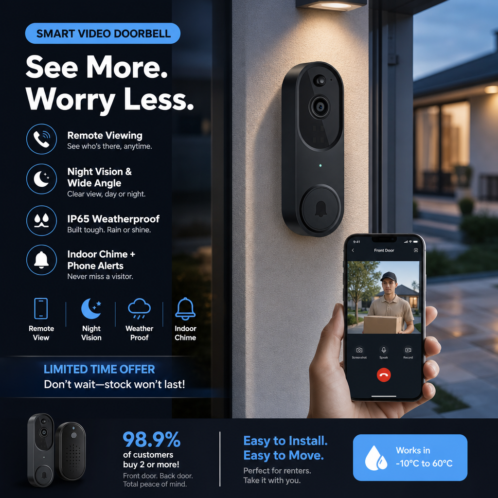 Surveillez votre porte en temps réel ! Sonnette vidéo 1080p avec détection humaine par IA