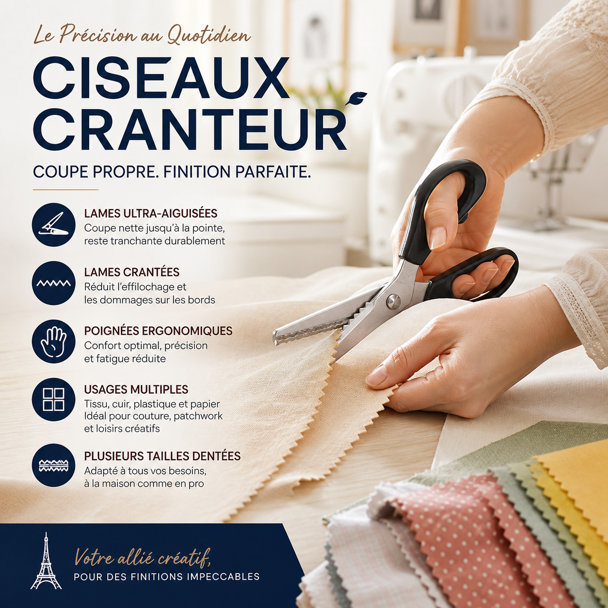 ✂️🧵 Ciseaux à bord zig-zag en acier inoxydable – Poignée ergonomique, anti-effilochage, coupez tissu, papier et cuir avec une finition propre, le couteau suisse des loisirs créatifs 🌸🎨
