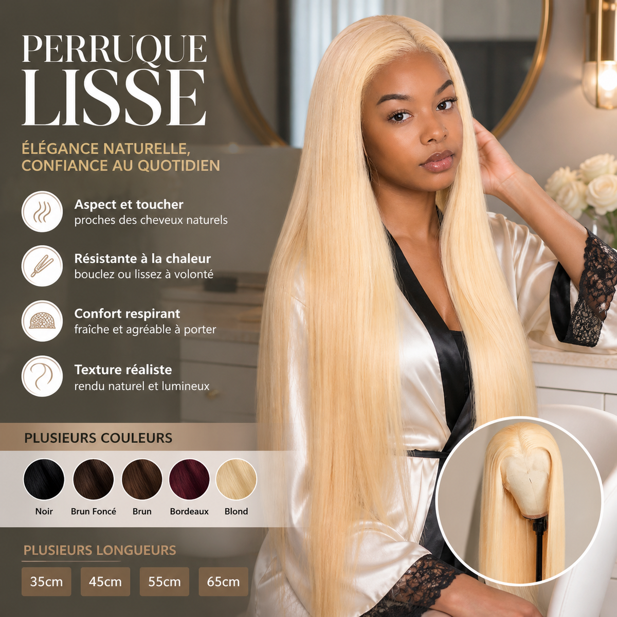 🔥‑50% OFFRE LIMITÉE👩‍🦰 Perruque frontale droite soie, compacte et naturelle, confortable à porter au quotidien ✨