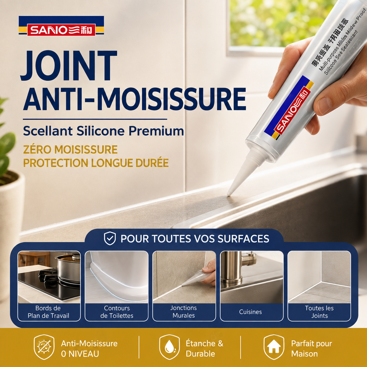 Mastic imperméable et résistant aux moisissures pour cuisine et salle de bain