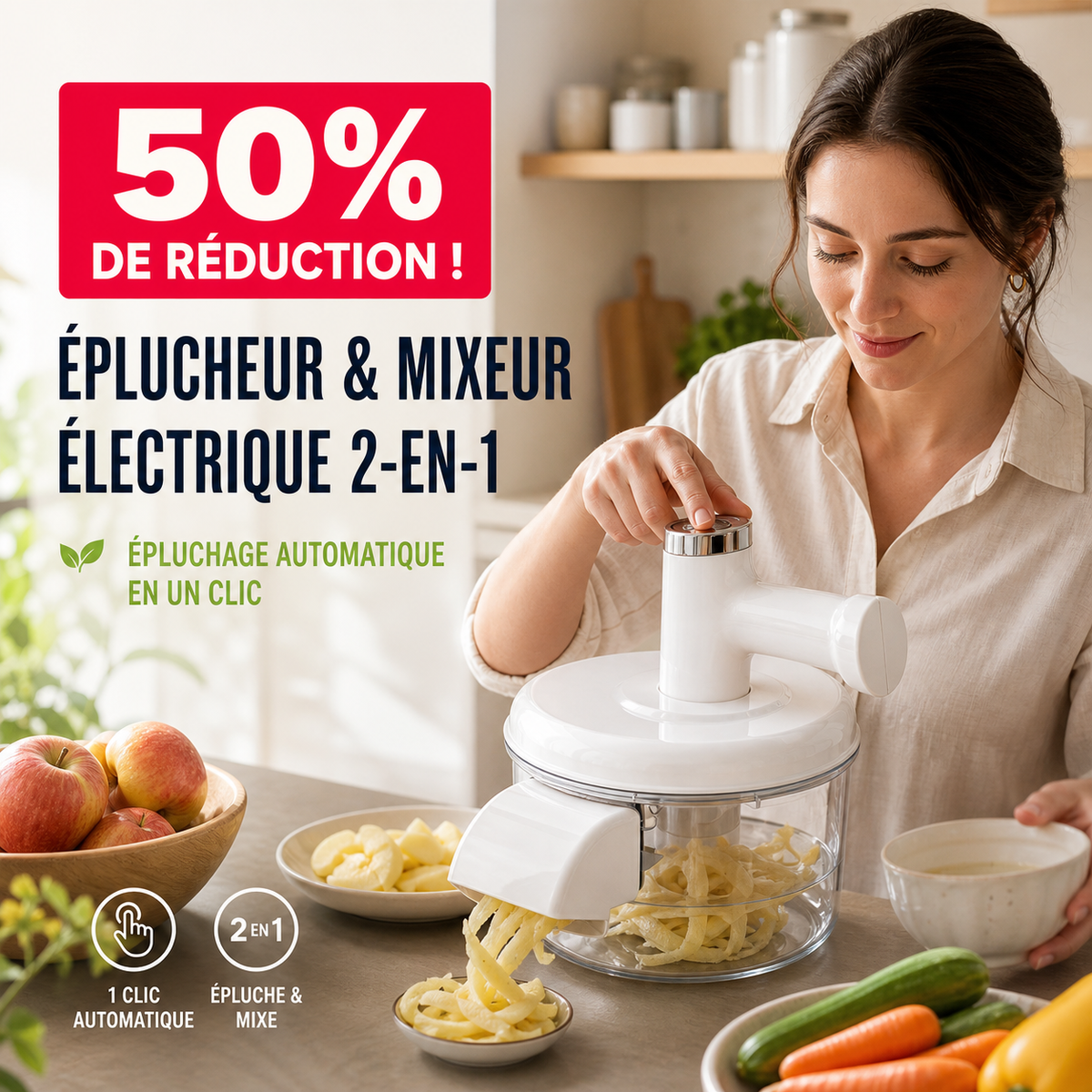 🍎50% DE RÉDUCTION ! Éplucheur et mixeur électrique de fruits et légumes - Épluchage automatique en un seul bouton, design 2-en-1 multifonction