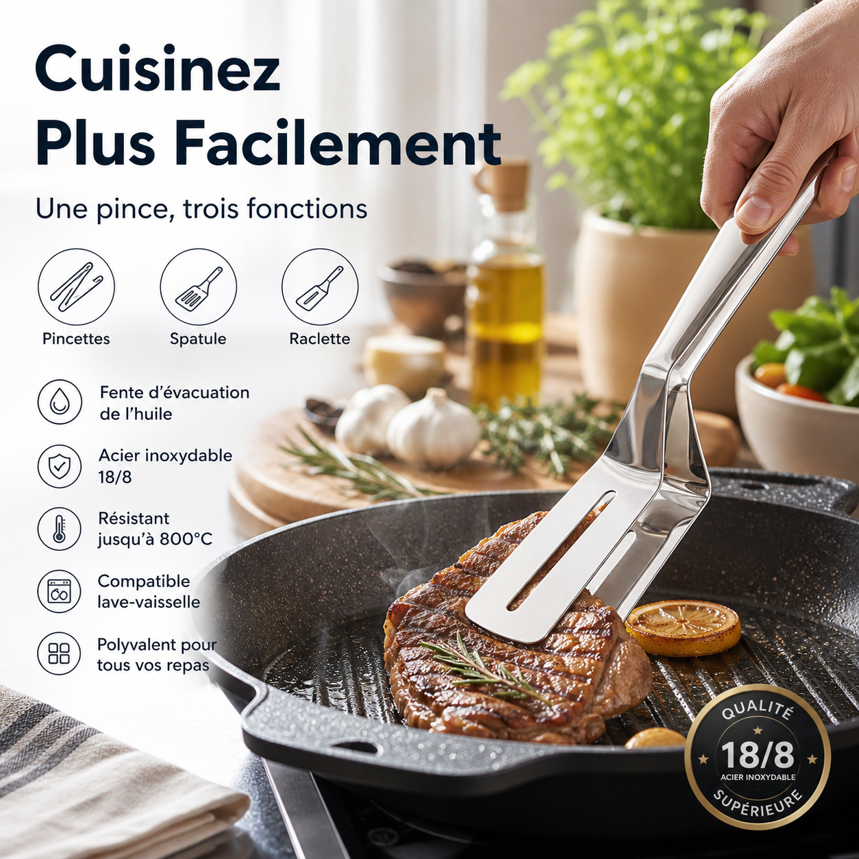 🍳🔥 Pinces de cuisine 3‑en‑1 acier inoxydable, multifonction pour steak, barbecue et cuisson