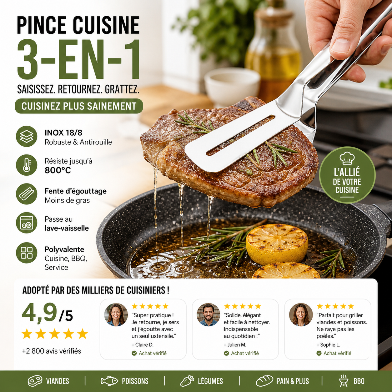 🍳🔥 Pinces de cuisine 3‑en‑1 acier inoxydable, multifonction pour steak, barbecue et cuisson