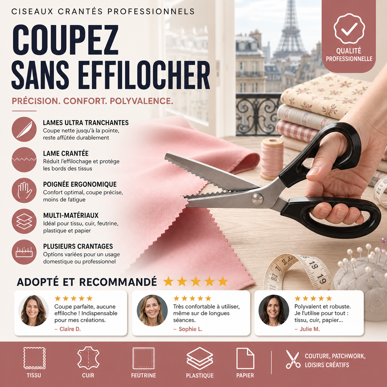 ✂️🧵 Ciseaux à bord zig-zag en acier inoxydable – Poignée ergonomique, anti-effilochage, coupez tissu, papier et cuir avec une finition propre, le couteau suisse des loisirs créatifs 🌸🎨