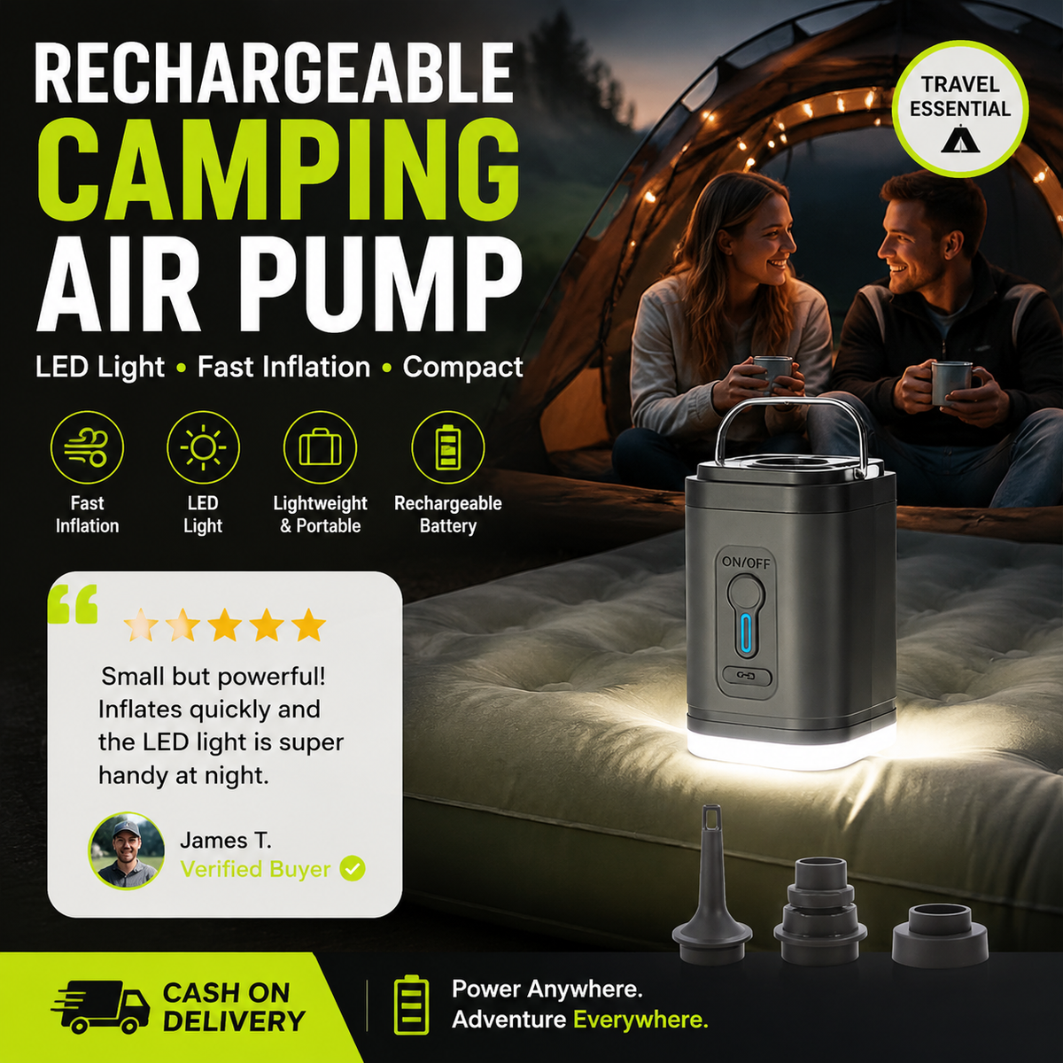 🏕️ Pompe à air rechargeable pour le camping – Éclairage LED, gonflage rapide, compacte 🔋