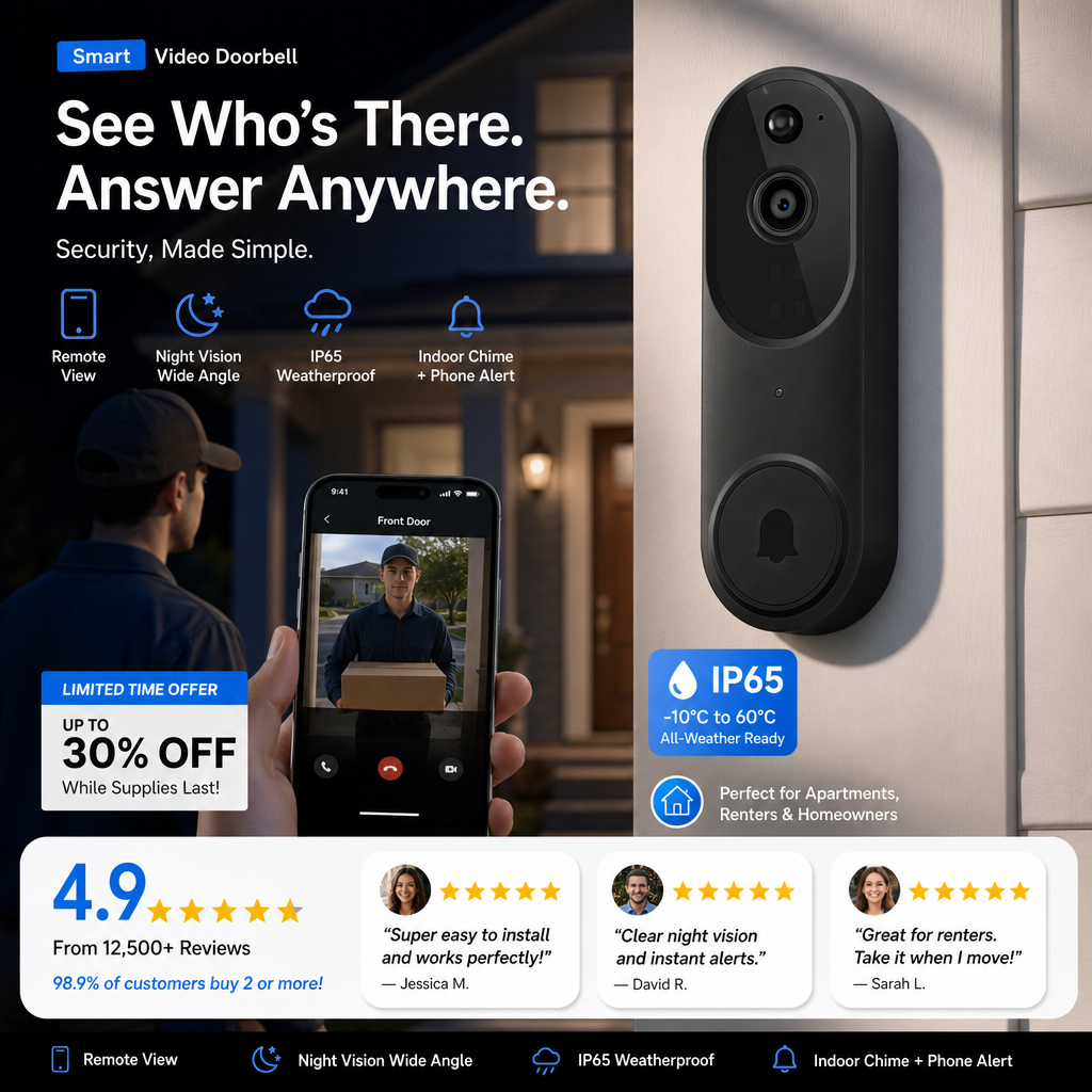 Surveillez votre porte en temps réel ! Sonnette vidéo 1080p avec détection humaine par IA