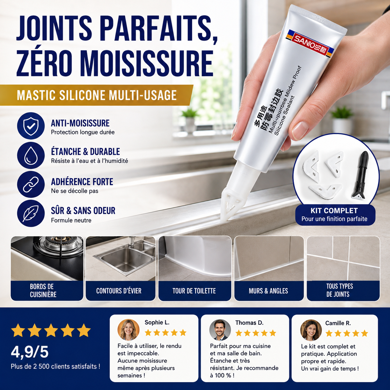 Mastic imperméable et résistant aux moisissures pour cuisine et salle de bain