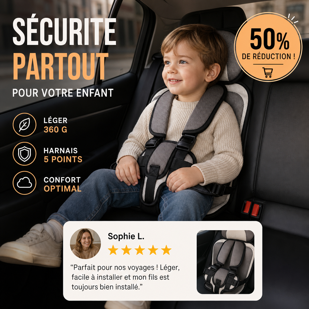 🚗 50% DE RÉDUCTION! 🧒 Siège Auto Portable pour Enfant – Léger (360 g), harnais 5 points & confort – Idéal pour les voyages et le quotidien ✨
