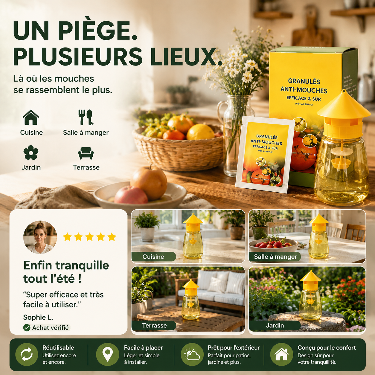🏆 Piège à mouches suspendu intérieur extérieur, capture efficace sans toxique pour jardin maison et terrasse ✨