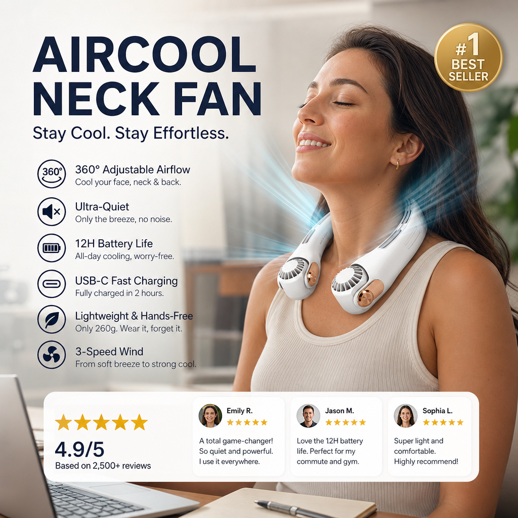 🍃 Ventilateur de cou – Ultra-silencieux, rotation à 360°, 3 vitesses. Rafraîchissement mains libres, longue autonomie. Indispensable en été !