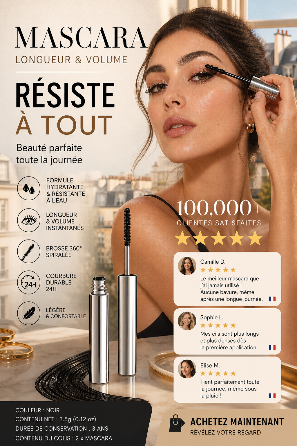 ✨ 50% DE RÉDUCTION ! 👁️ Mascara Waterproof Effet Naturel – 3,5g – Brosse Spirale 360° & Longue Tenue for Cils