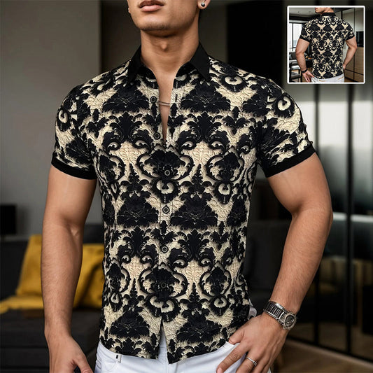 Chemise Florale 3D à Col Montant Extensible et Rafraîchissante pour Homme