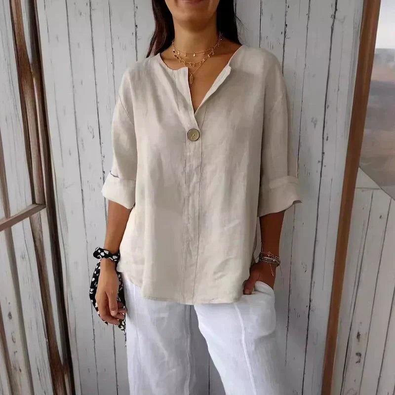 💎 60% DE RÉDUCTION ! 💎 Top Confortable Col V en Lin & Coton pour Femme – Respirant, Coupe Ample & Détail Boutons Élégants (6 Couleurs | M–4XL) 💖🌿