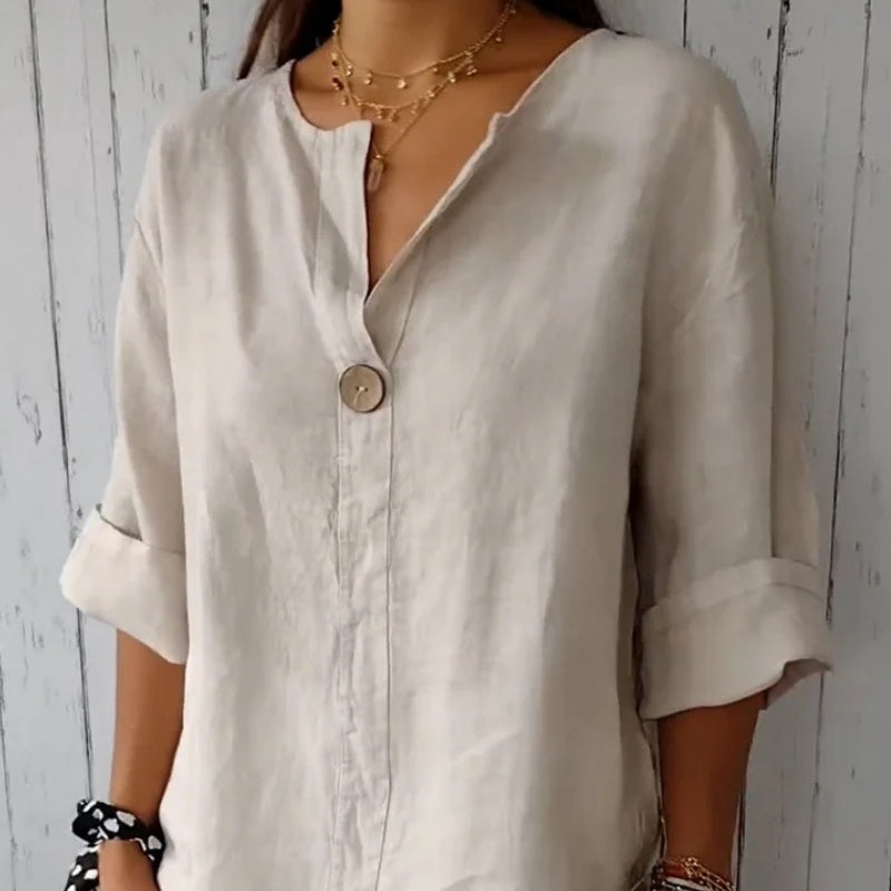 💎 60% DE RÉDUCTION ! 💎 Top Confortable Col V en Lin & Coton pour Femme – Respirant, Coupe Ample & Détail Boutons Élégants (6 Couleurs | M–4XL) 💖🌿