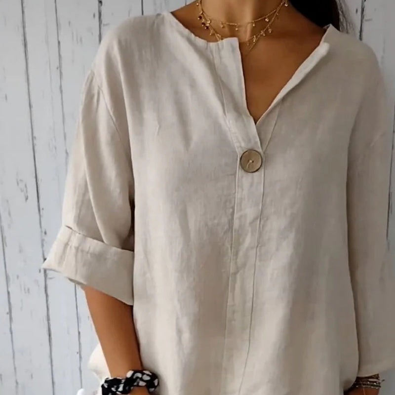 💎 60% DE RÉDUCTION ! 💎 Top Confortable Col V en Lin & Coton pour Femme – Respirant, Coupe Ample & Détail Boutons Élégants (6 Couleurs | M–4XL) 💖🌿