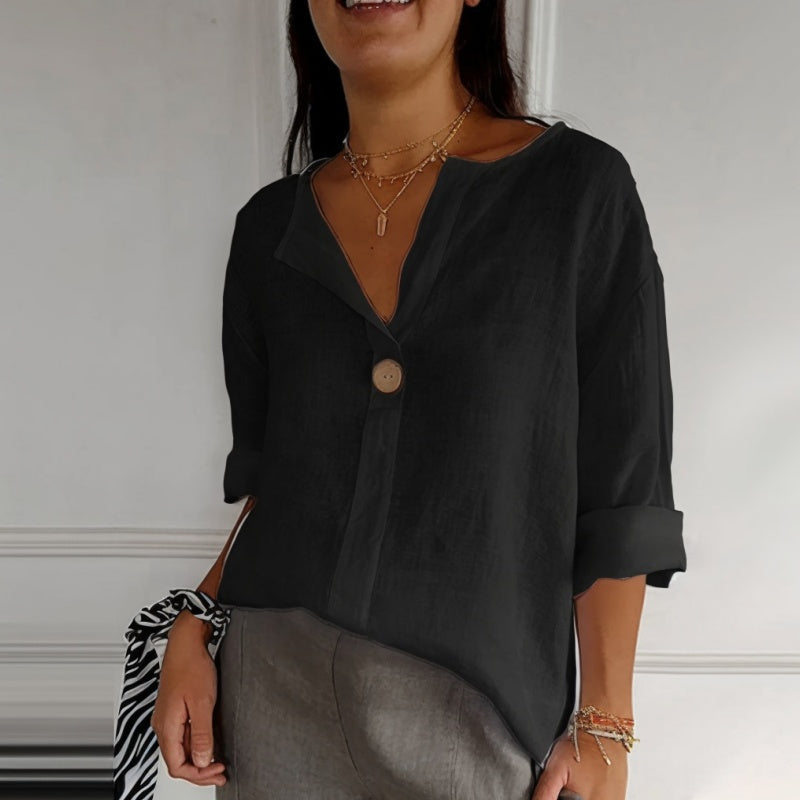 💎 60% DE RÉDUCTION ! 💎 Top Confortable Col V en Lin & Coton pour Femme – Respirant, Coupe Ample & Détail Boutons Élégants (6 Couleurs | M–4XL) 💖🌿