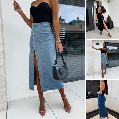 🌸 Élégance Printanière | Jupe Denim à Fente Haute et Boutons | Idéale pour vos Sorties 🌿【Promo -50%】