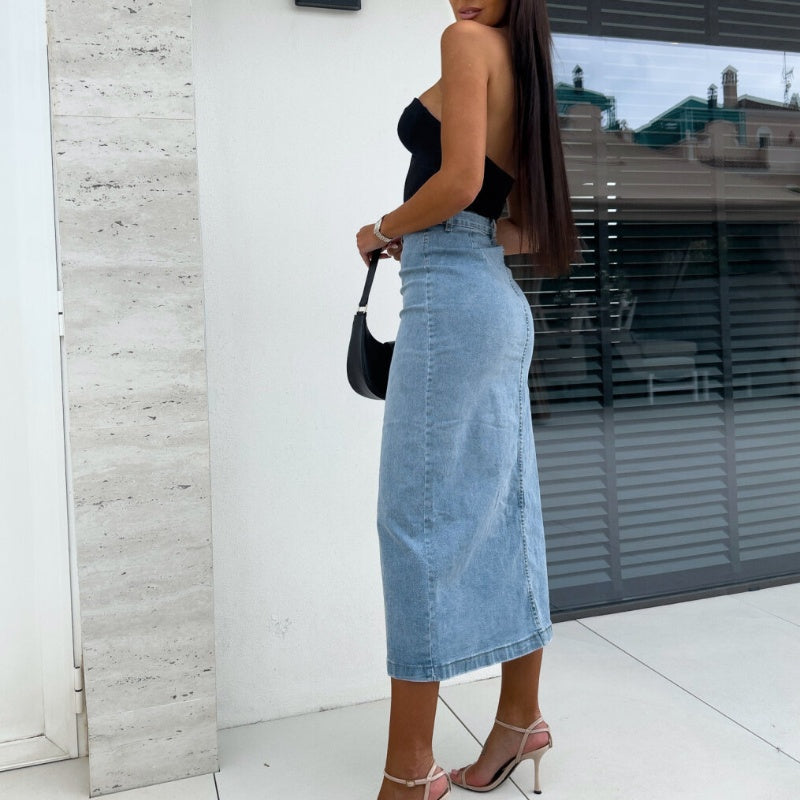 🌸 Élégance Printanière | Jupe Denim à Fente Haute et Boutons | Idéale pour vos Sorties 🌿【Promo -50%】