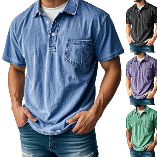 Chemise Rétro Boutonnée Décontractée avec Col à Revers, Poche Avant et Manches Courtes pour Hommes