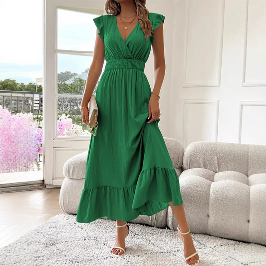 Robe longue à col en V avec taille froncée et volants
