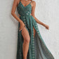 Robe Longue Femme Imprimée à Fines Bretelles et Fente Latérale